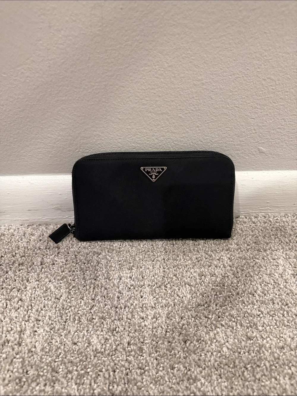 Prada Black Nylon Zip-Around Wallet with Silver Triangle Emblem